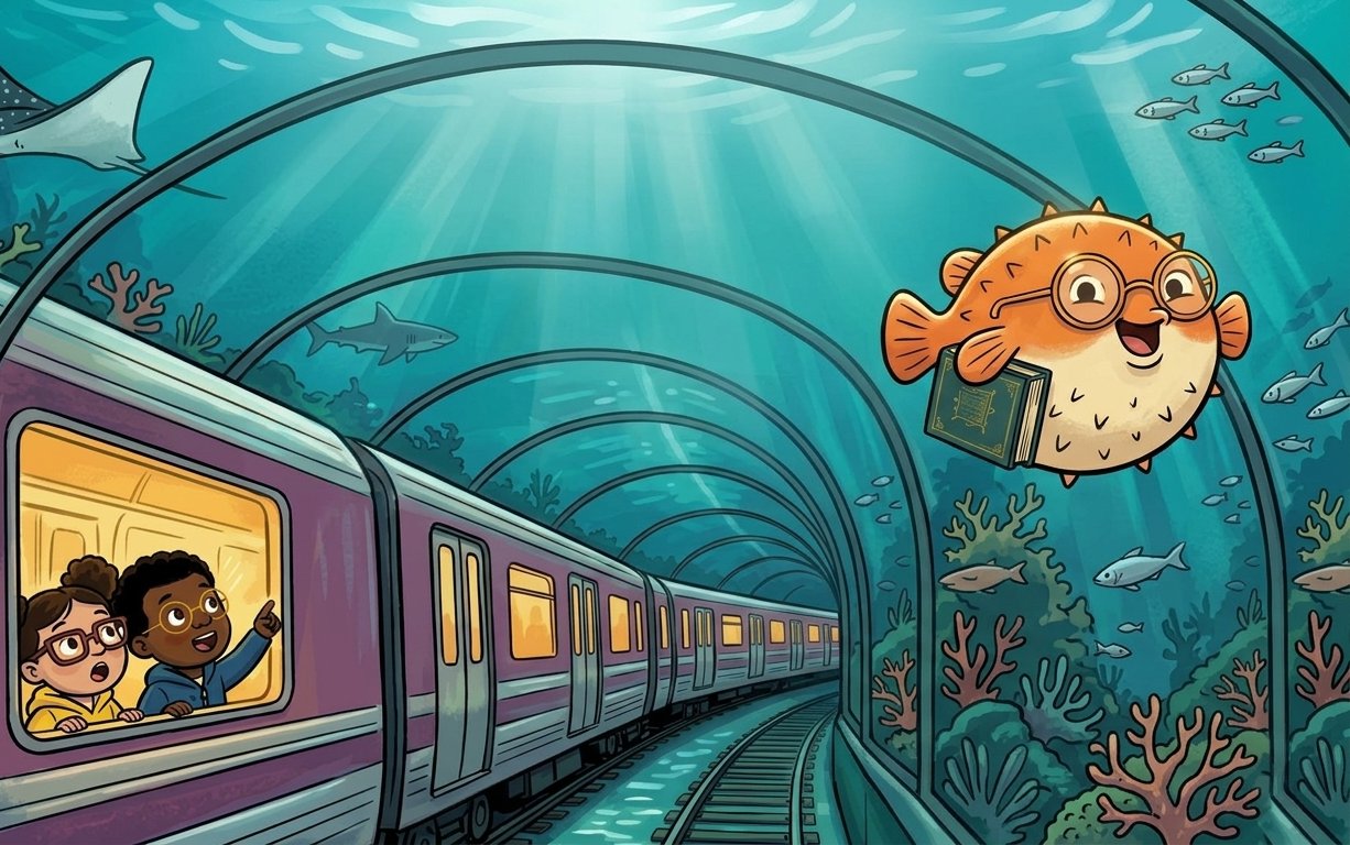 Nora and Amadou on a train in an underwater tunnel, with Ben the pufferfish swimming by